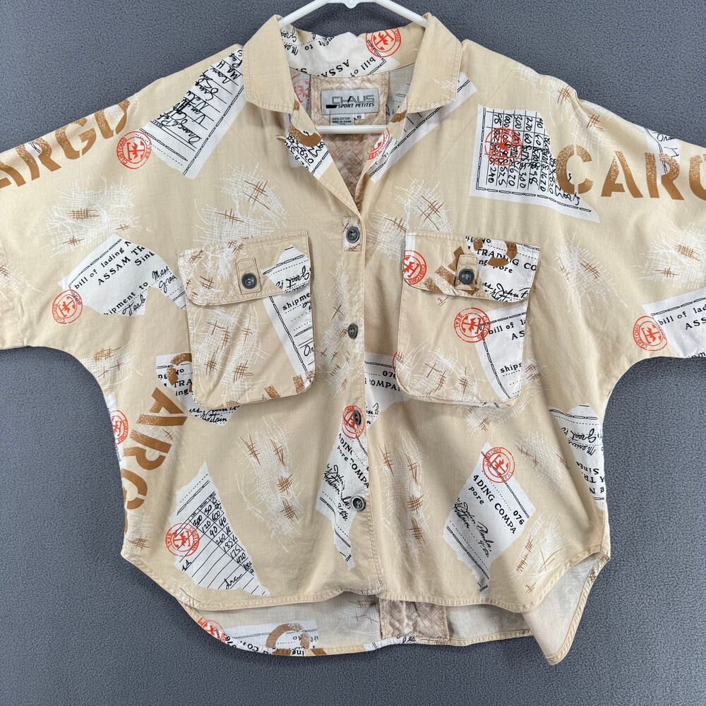 Vintage 80s 90s Claus Sport Petites Safari Travel Dolman Sleeve Top Women 10 Tan